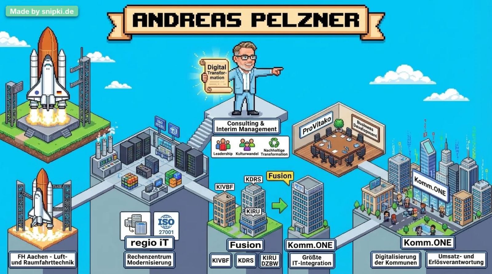 Illustration des beruflichen Werdegangs von Andreas Pelzner: Luft- und Raumfahrttechnik an der FH Aachen und beim DLR, Rechenzentrumsmodernisierung und ITSM bei der regio iT, Fusion von KIVBF, KDRS, KIRU und DZBW zur Komm.ONE, Business Development bei ProVitako, Consulting und Interim Management